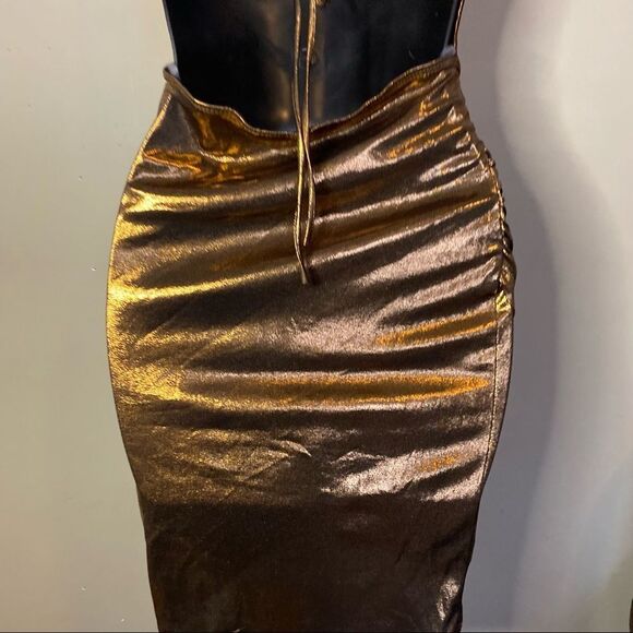 𝅺Sexy Bronze V Neck Sleeveless Body Con Scrunched Side Mini Dress metallic - Picture 7 of 10